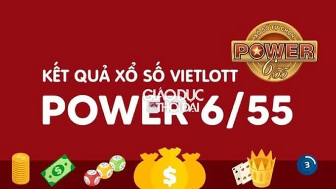 Hình ảnh kết quả xổ số Vietlott Power 6/55 với các biểu tượng tiền bạc và quả bóng xổ số, thể hiện sự hy vọng và may rủi của trò chơi.