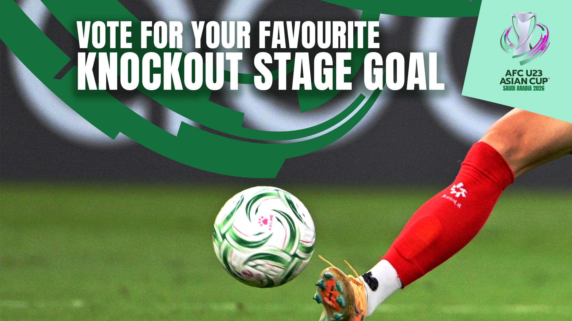 Hình ảnh kêu gọi bình chọn 'Bàn thắng đẹp nhất vòng knock-out' tại VCK U23 châu Á 2026, minh họa sức mạnh phiếu bầu của người hâm mộ.