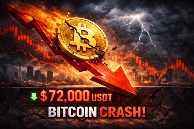 Hình ảnh minh họa Bitcoin bị nứt vỡ, mũi tên đỏ chỉ xuống và dòng chữ 'BITCOIN CRASH!' thể hiện sự sụt giảm mạnh của thị trường tiền điện tử.