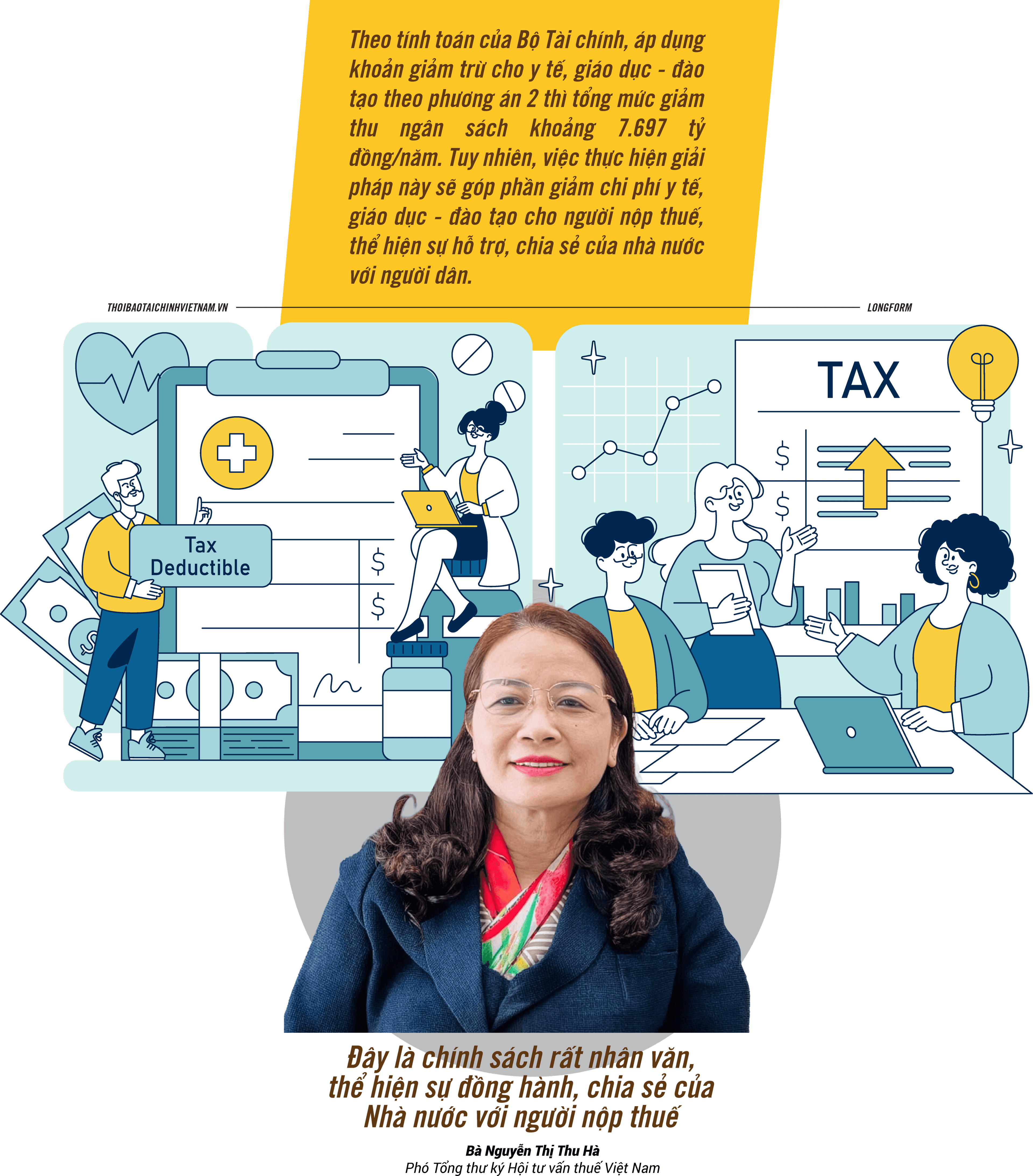 Hình ảnh minh họa các khoản giảm trừ thuế cho chi phí y tế và giáo dục, với bà Nguyễn Thị Thu Hà phát biểu về chính sách nhân văn.