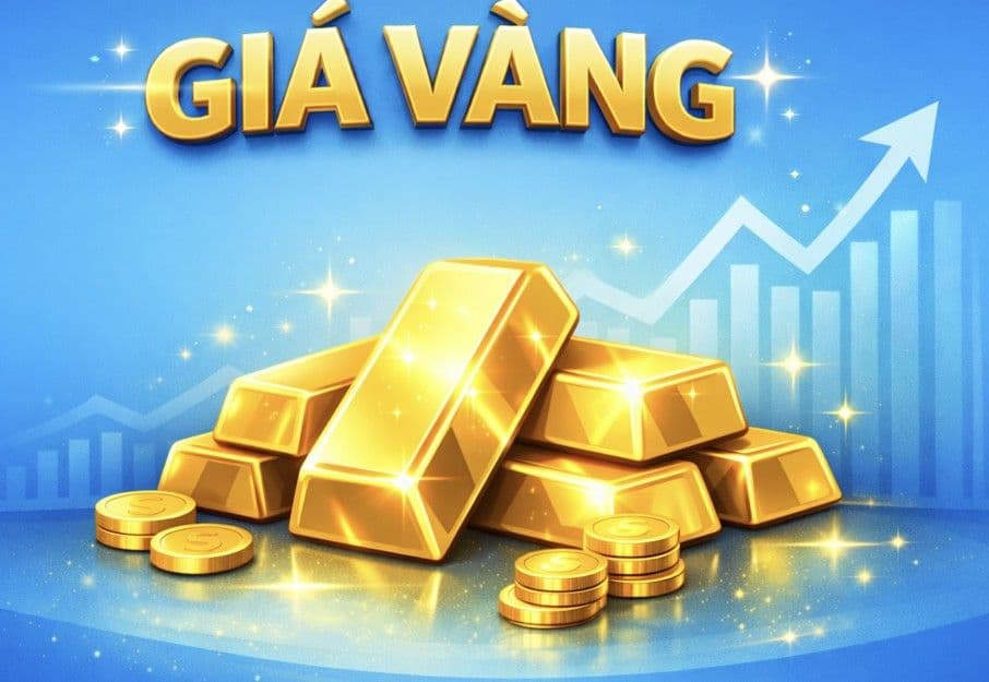 Hình ảnh minh họa các thỏi vàng và đồng xu vàng với mũi tên chỉ lên, biểu thị giá vàng tăng.