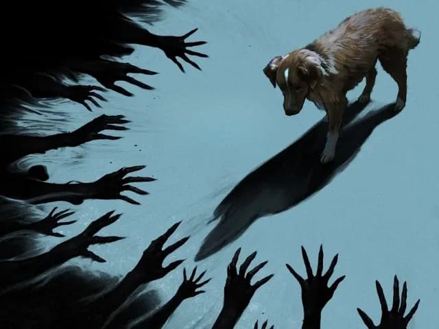 Hình ảnh minh họa chú chó Indy đối mặt với những bàn tay bóng tối vô hình, tượng trưng cho nỗi kinh hoàng và bản năng nguyên thủy trong phim 'Good Boy'.