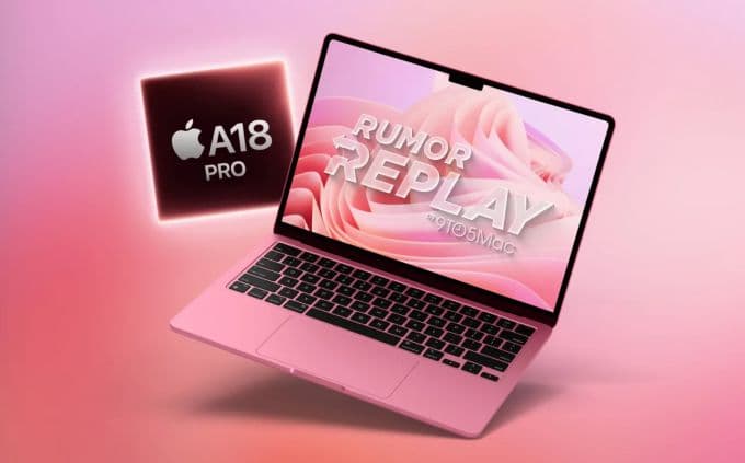 Hình ảnh minh họa một chiếc MacBook màu hồng với chip Apple A18 Pro, thể hiện chiến lược đa dạng hóa sản phẩm của Apple.