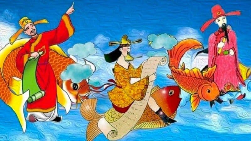 Hình ảnh minh họa Ông Táo cưỡi cá chép bay về trời, tượng trưng cho nghi lễ tiễn Táo quân trước Giao Thừa.
