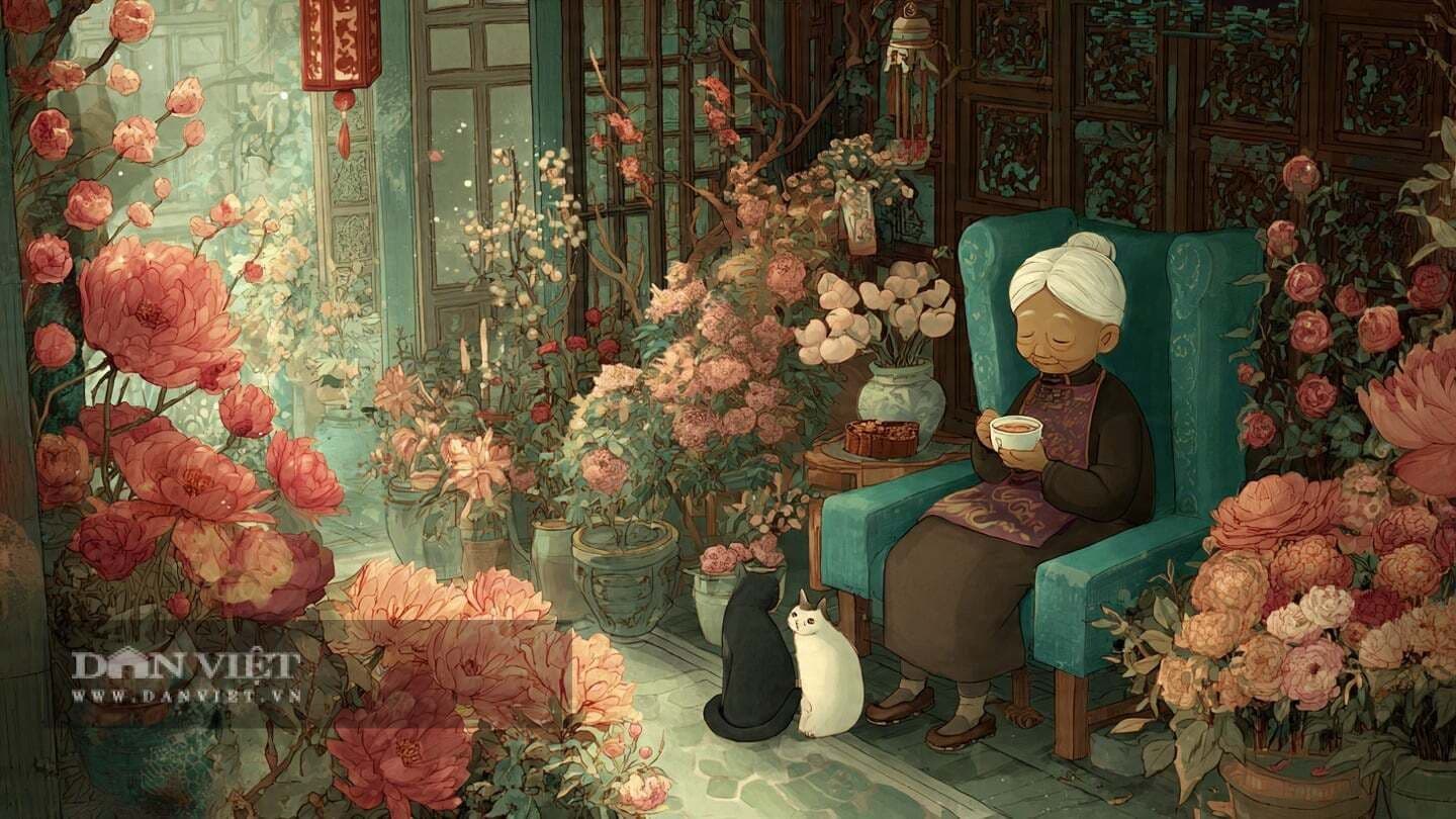 Hình ảnh minh họa người phụ nữ lớn tuổi Việt Nam ngồi giữa vườn hoa, bên cạnh hai chú mèo, thể hiện sự bình yên, hạnh phúc và vai trò giữ lửa gia đình.