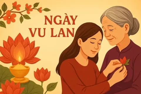 Hình ảnh minh họa Ngày Vu Lan, người con cài hoa hồng lên áo mẹ, tượng trưng cho lòng báo hiếu.