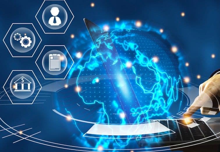 Hình ảnh minh họa định danh điện tử và chuyển đổi số quốc gia với người dùng tương tác trên máy tính, biểu tượng dịch vụ công và quả địa cầu kỹ thuật số.