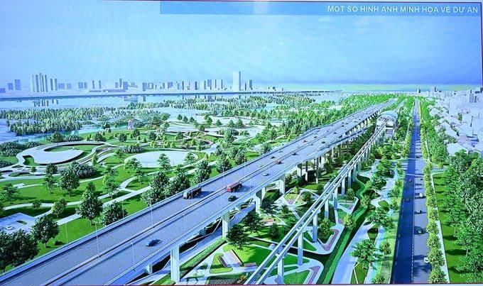 Hình ảnh minh họa quy hoạch đô thị hiện đại dọc sông Hồng với đường cao tốc và công viên xanh.