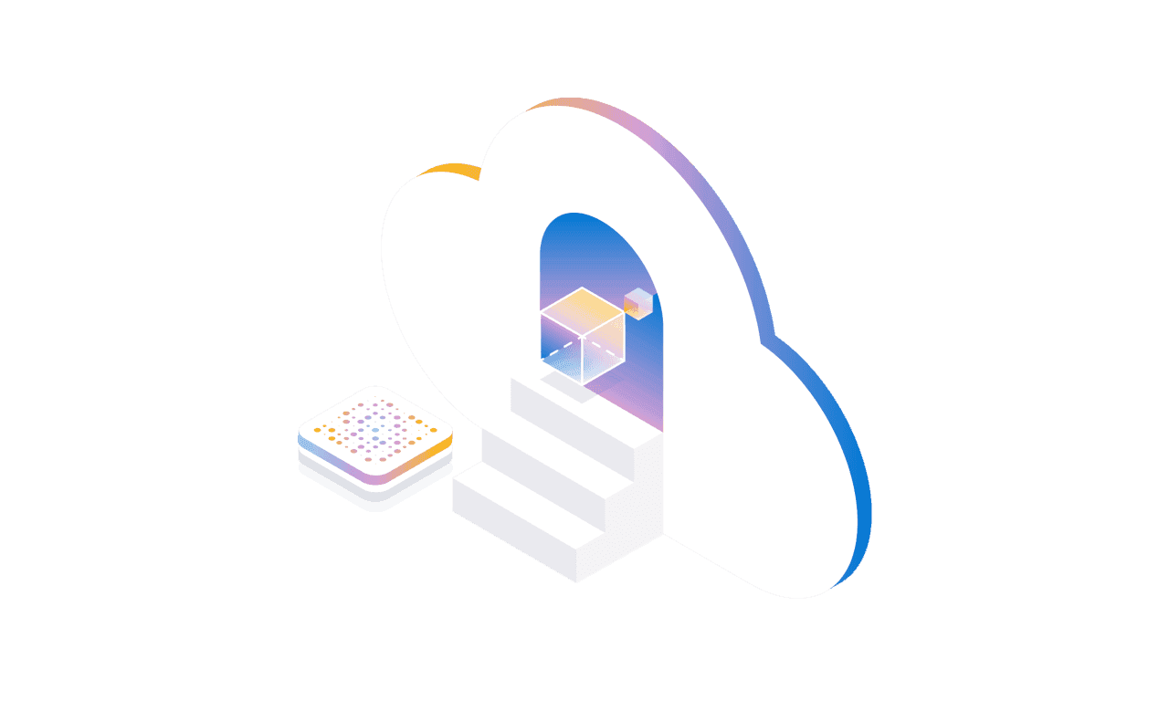 Hình ảnh minh họa trừu tượng về đám mây, cầu thang dẫn đến một khối lập phương phát sáng, tượng trưng cho nền tảng AI và khả năng truy cập linh hoạt từ đám mây đến thiết bị biên.