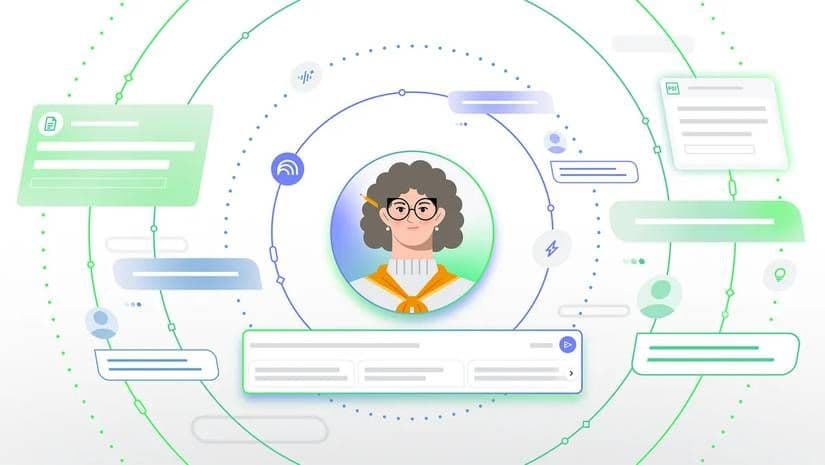 Hình ảnh minh họa trừu tượng về NotebookLM như một đối tác tư duy AI, với một nhân vật trung tâm được bao quanh bởi các tài liệu và tương tác.