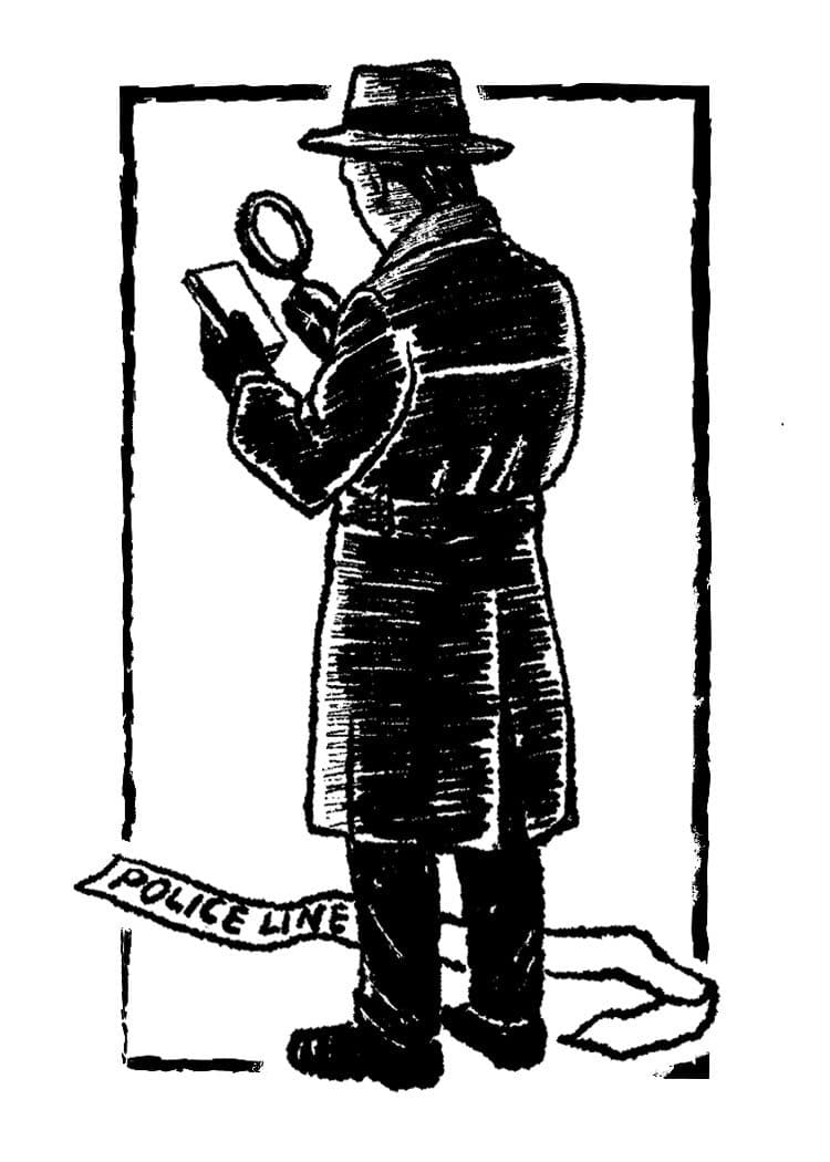 Hình ảnh một thám tử đang điều tra, tượng trưng cho việc suy luận nguyên nhân cái chết của người đã khuất trong chương trình giải trí.