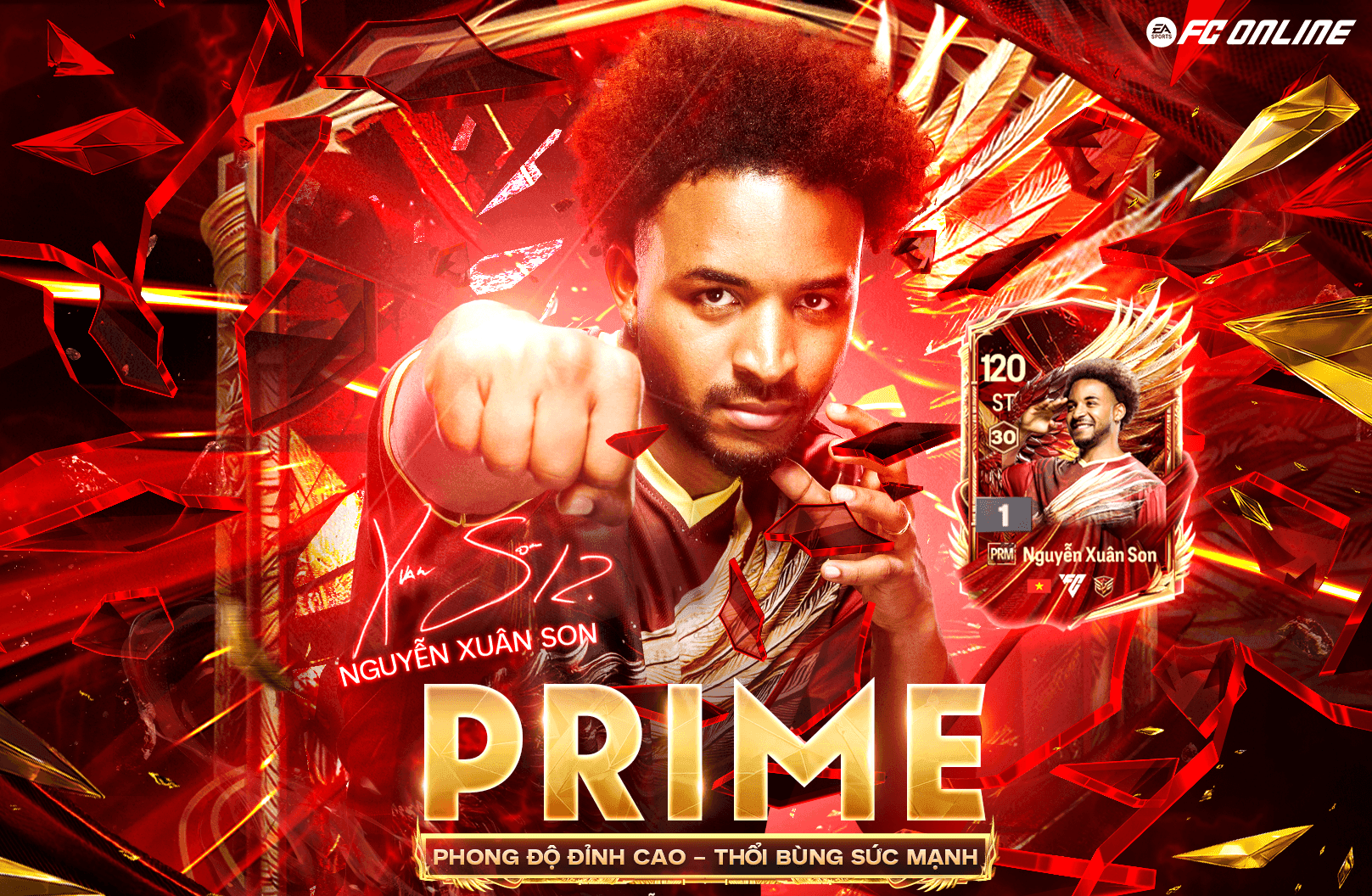 Hình ảnh động của cầu thủ Nguyễn Xuân Son PRIME trong FC Online với thẻ cầu thủ 120 ST, thể hiện sức mạnh và phong độ đỉnh cao.
