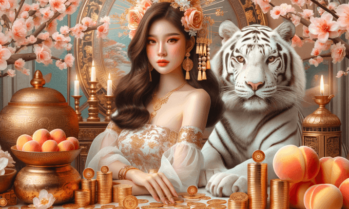 Hình ảnh phong thủy với người phụ nữ, hổ trắng, tiền vàng và hoa đào, tượng trưng cho vận may, tài lộc và năng lượng tích cực cho 12 con giáp.