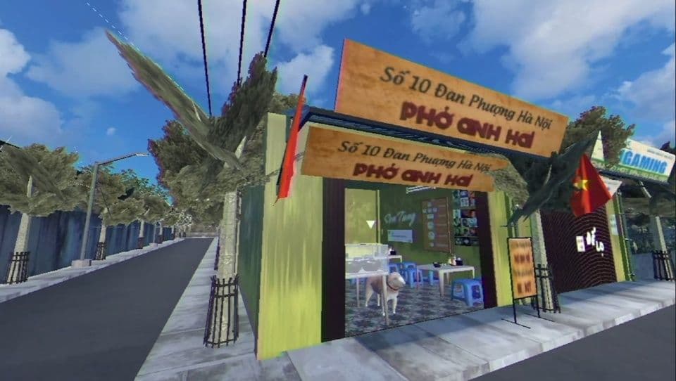 Hình ảnh quán phở Anh Hai số 10 Đan Phượng trong tựa game indie Việt, với biển hiệu và không gian mộc mạc
