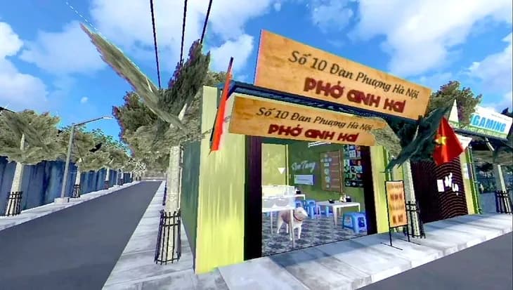 Hình ảnh quán phở 'Anh Hai' trong game, với kiến trúc và không khí đặc trưng Việt Nam, thể hiện sự mộc mạc và chân thật.