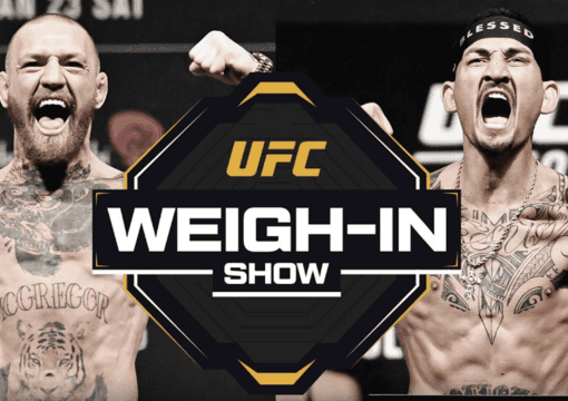Hình ảnh quảng bá buổi cân trọng lượng chính thức của UFC 329: McGregor đấu Holloway 2, nơi diễn ra các màn tâm lý chiến trước trận đấu.