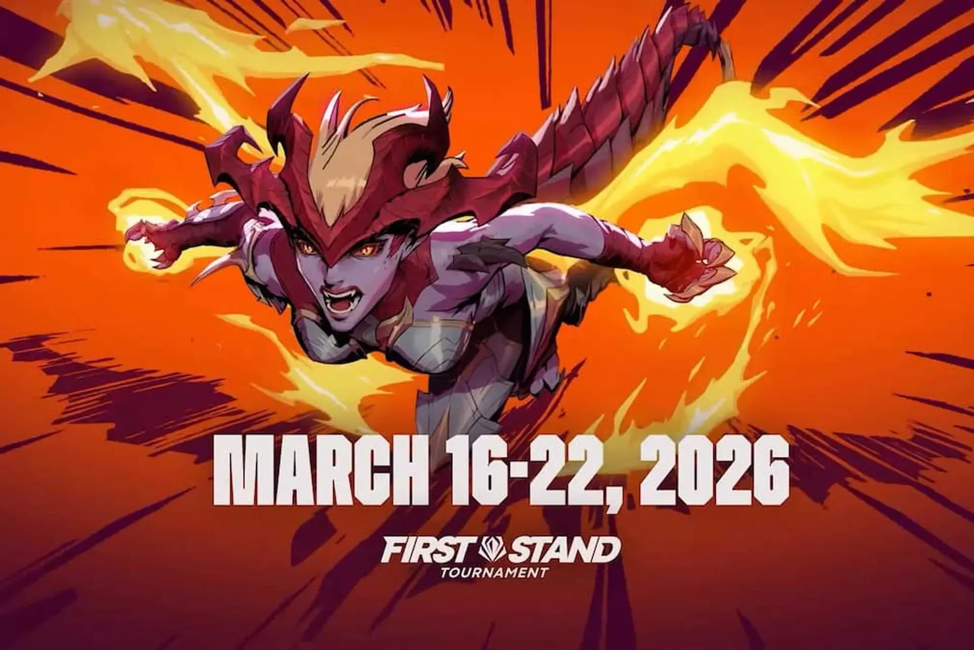 Hình ảnh quảng bá giải đấu First Stand 2026 Liên Minh Huyền Thoại với nhân vật rồng và ngày diễn ra.