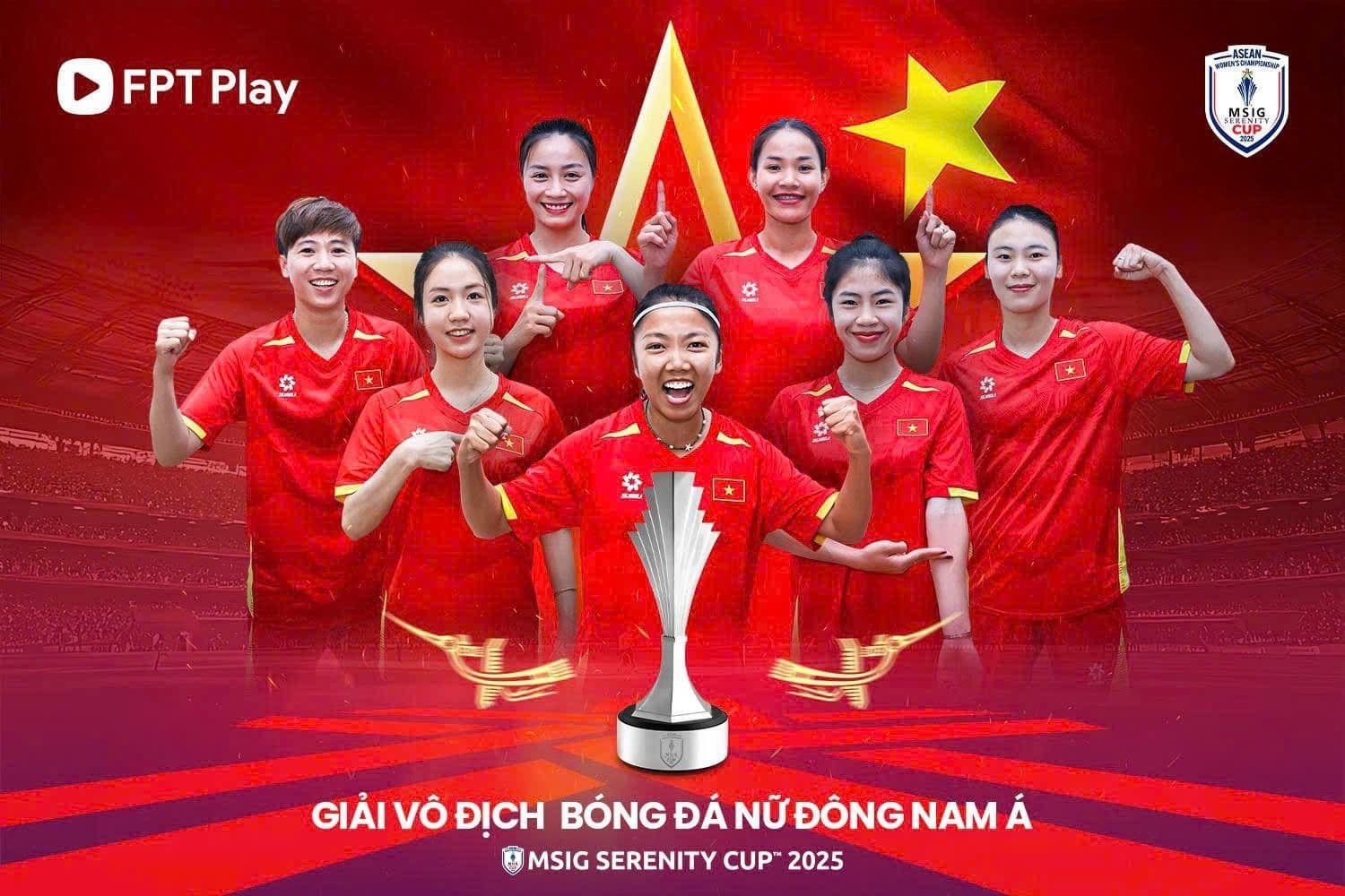 Hình ảnh quảng bá Giải vô địch bóng đá nữ Đông Nam Á MSIG Serenity Cup 2025 với chiếc cúp vô địch.