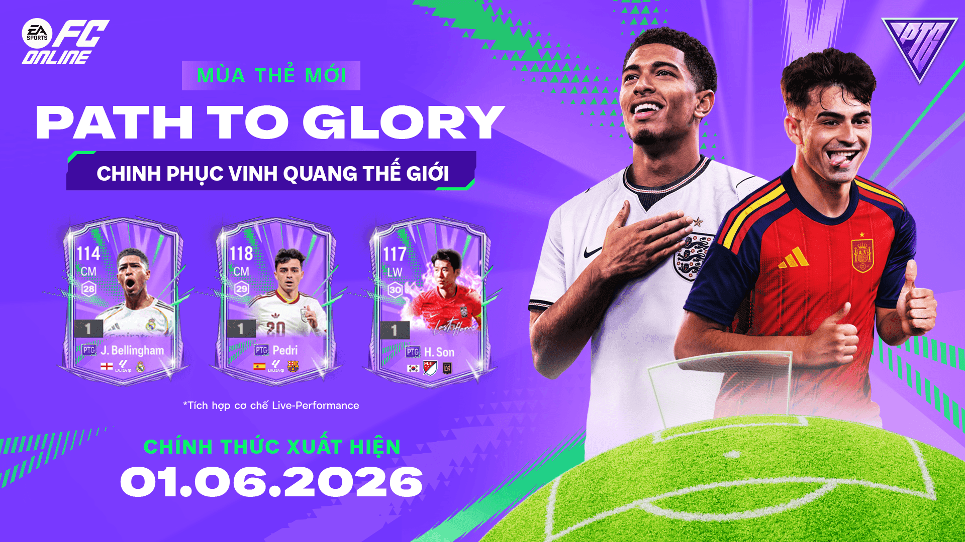 Hình ảnh quảng bá mùa thẻ Path To Glory (PTG) trong FC Online với các cầu thủ Jude Bellingham, Pedri và Son Heung-min.