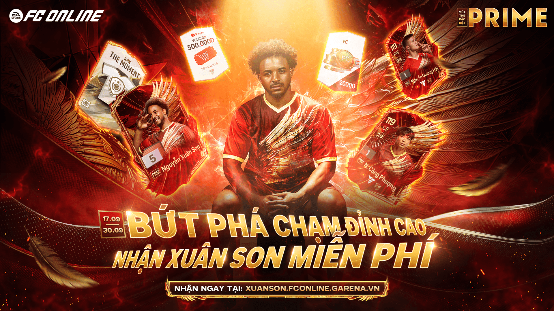 Hình ảnh quảng bá sự kiện FC Online với cầu thủ Nguyễn Xuân Son ngồi trung tâm, xung quanh là thẻ cầu thủ PRIME của anh, Nguyễn Quang Hải, Nguyễn Công Phượng và các phần thưởng khác, cùng dòng chữ 'Nhận Xuân Son Miễn Phí'.