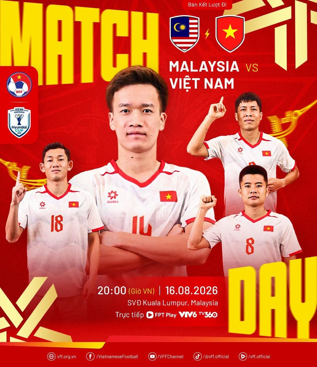 Hình ảnh quảng bá trận bán kết lượt đi ASEAN Cup 2026 giữa Malaysia và Việt Nam, với các cầu thủ Việt Nam nổi bật.