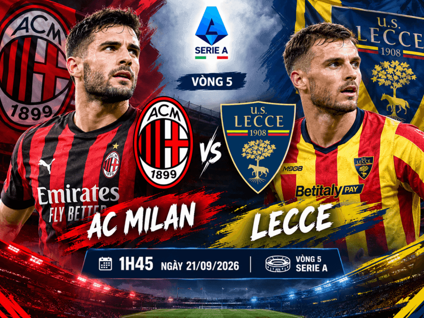 Hình ảnh quảng bá trận đấu AC Milan gặp Lecce tại Serie A, với logo và cầu thủ đại diện của hai đội.