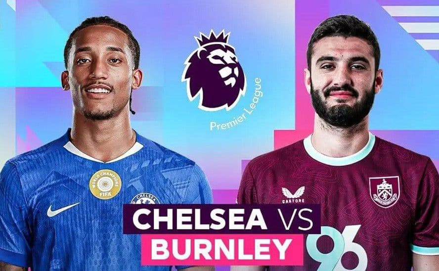 Hình ảnh quảng bá trận đấu Chelsea đối đầu Burnley tại Premier League, với hai cầu thủ đại diện cho mỗi đội.
