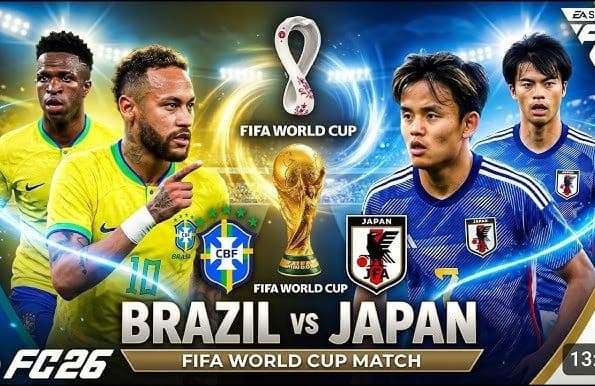 Hình ảnh quảng bá trận đấu FIFA World Cup giữa Brazil và Nhật Bản, với các cầu thủ nổi bật của cả hai đội và cúp vàng World Cup.