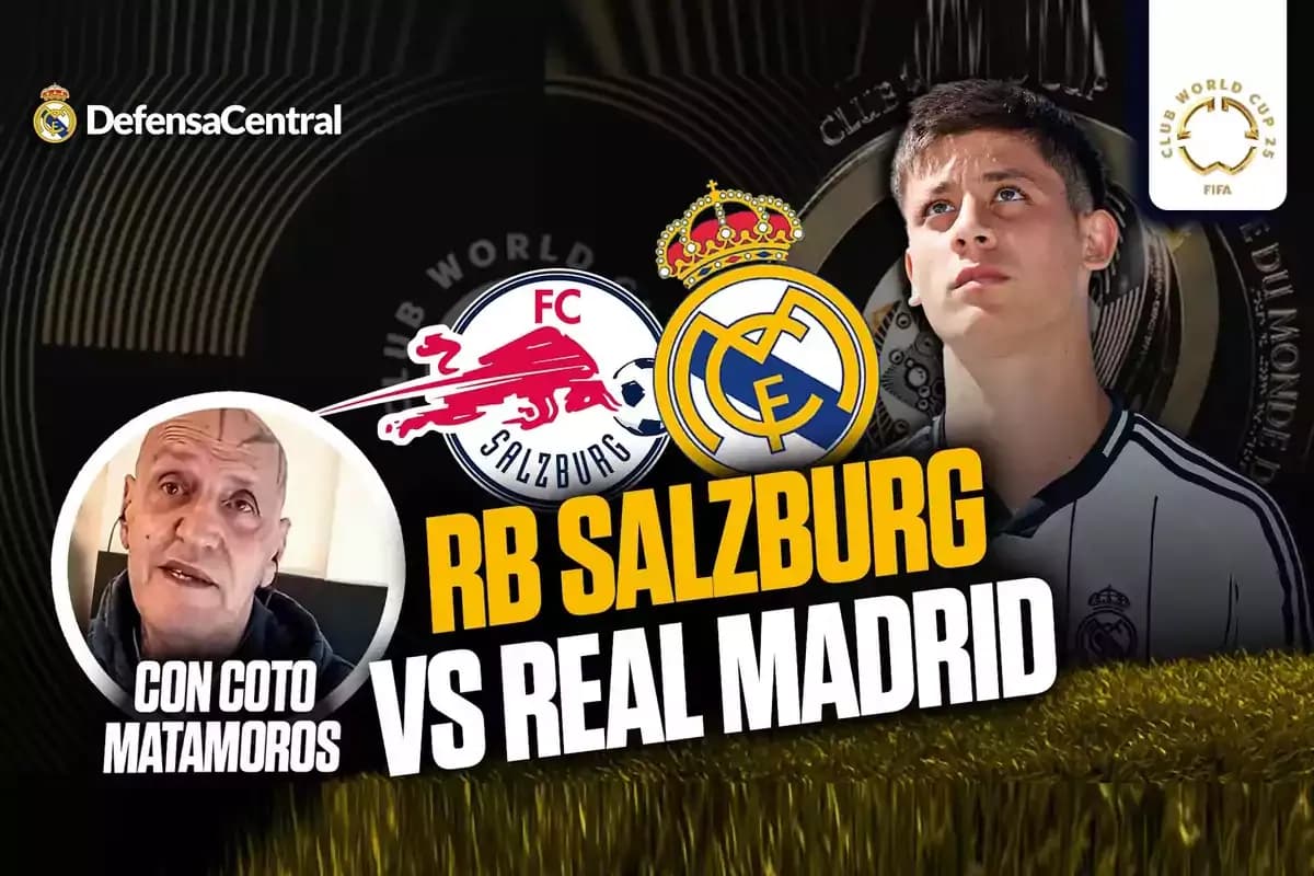 Hình ảnh quảng bá trận đấu giữa RB Salzburg và Real Madrid tại FIFA Club World Cup, với logo hai đội, cầu thủ Real Madrid và biểu tượng DefensaCentral.