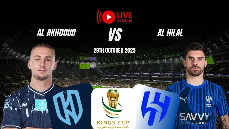 Hình ảnh quảng bá trận đấu King Cup giữa Al Akhdoud và Al Hilal với hai cầu thủ và logo giải đấu.