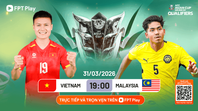 Hình ảnh quảng bá trận đấu Việt Nam - Malaysia trực tiếp trên FPT Play, thể hiện sự kết nối với người hâm mộ.