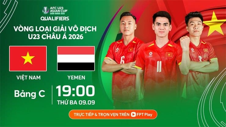 Hình ảnh quảng bá trận đấu vòng loại U23 châu Á 2026 giữa U23 Việt Nam và U23 Yemen, với các cầu thủ chủ chốt.