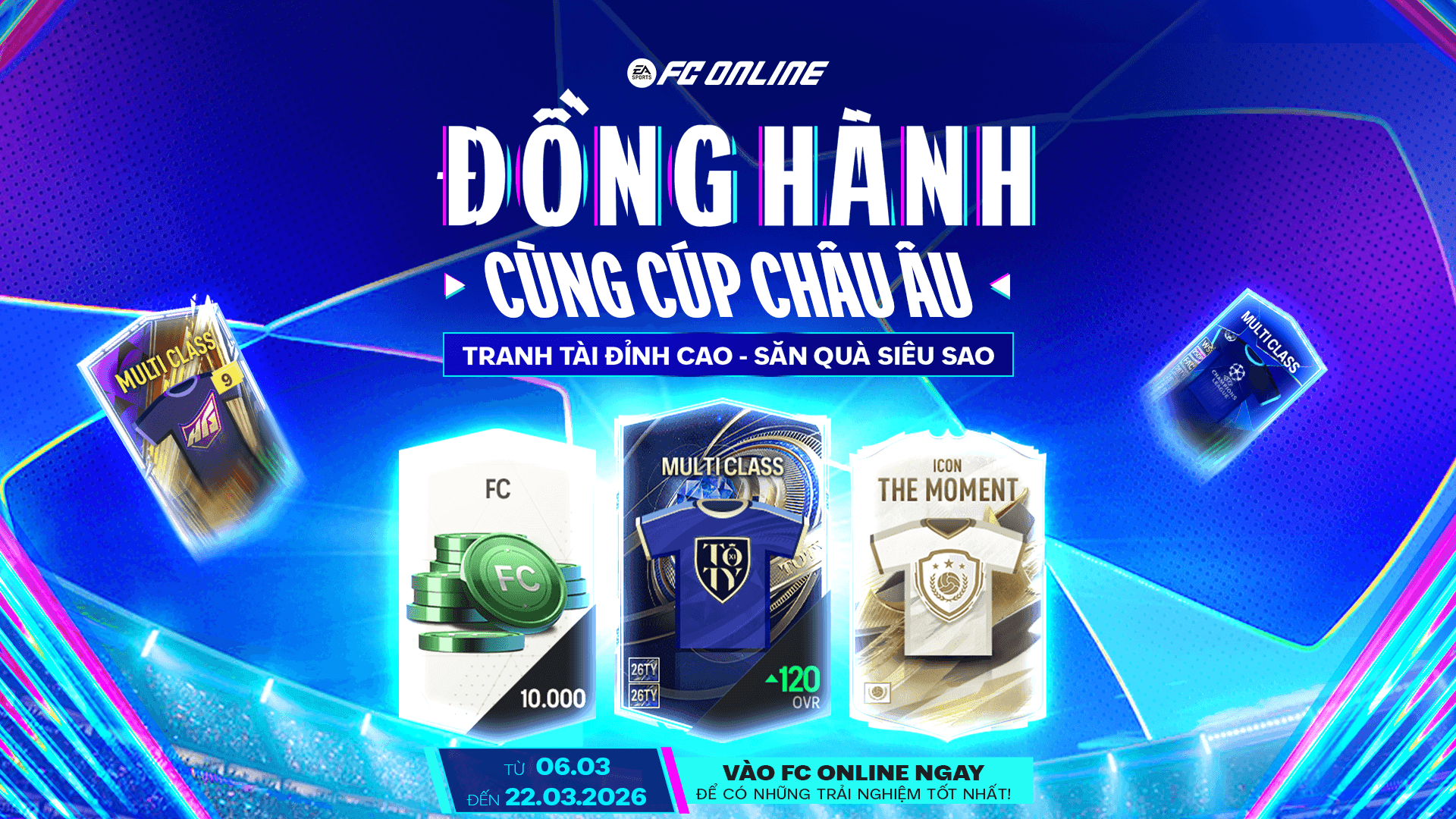 Hình ảnh quảng cáo FC Online với đồng FC, thẻ cầu thủ Multiclass và ICON The Moment, thể hiện giá trị và phần thưởng trong game.