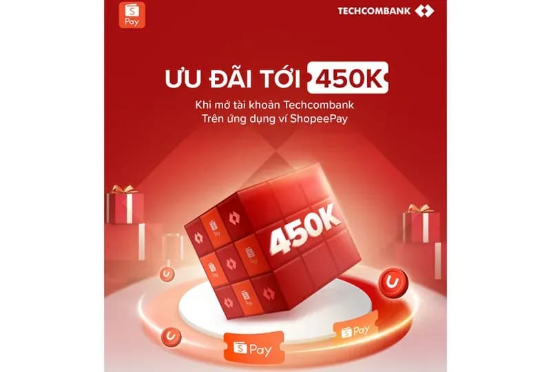 Hình ảnh quảng cáo Techcombank và ShopeePay hợp tác, giới thiệu ưu đãi 450K khi mở tài khoản Techcombank qua ứng dụng ShopeePay.