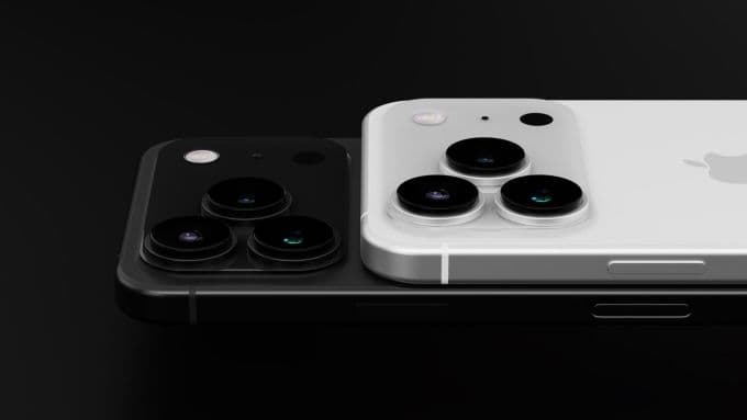 Hình ảnh render iPhone 17 Pro Max màu đen và trắng, tập trung vào cụm camera sau với ba ống kính lớn.