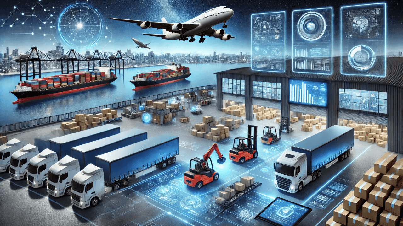 Hình ảnh số hóa về chuỗi cung ứng và logistics với xe tải, container và máy bay, thể hiện tầm nhìn phát triển nông nghiệp bền vững và chuyển đổi số.
