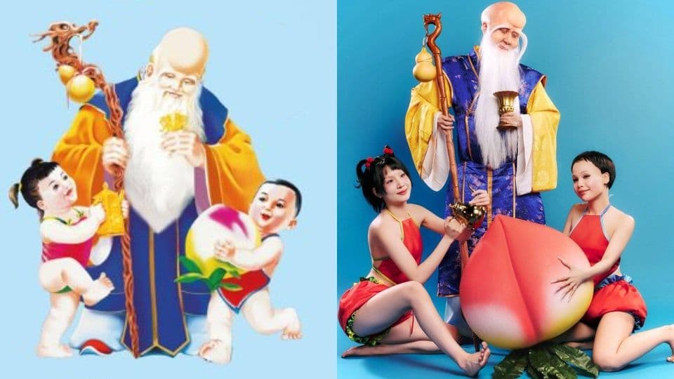 Hình ảnh so sánh Ông Thọ Vinamilk gốc và Quỳnh Anh Shyn hóa trang Ông Thọ cùng Saabirose, Liu Grace