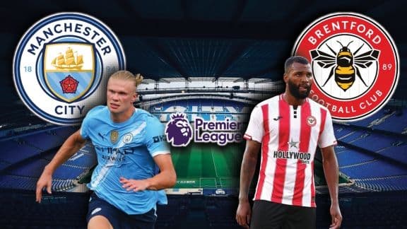Hình ảnh tổng hợp của Man City và Brentford với các cầu thủ và logo câu lạc bộ, thể hiện bản sắc các đội bóng trong dòng chảy toàn cầu của Ngoại hạng Anh.