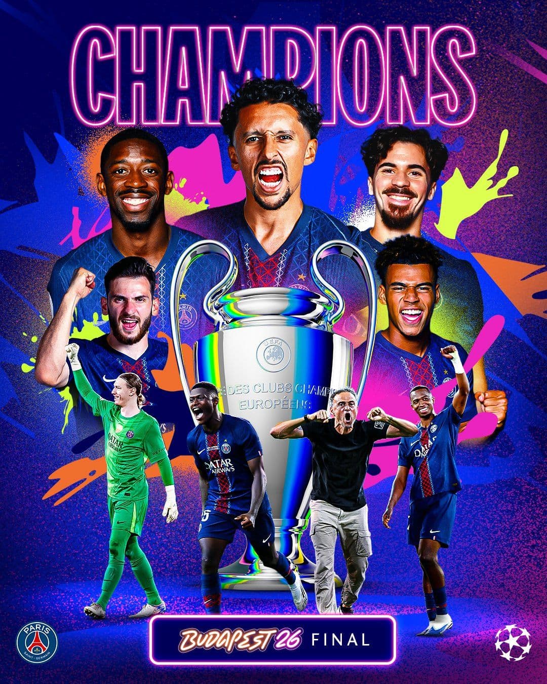 Hình ảnh tổng hợp các cầu thủ PSG ăn mừng chức vô địch Champions League 2026 với cúp, thể hiện sự kết nối giữa bóng đá và thời đại số.