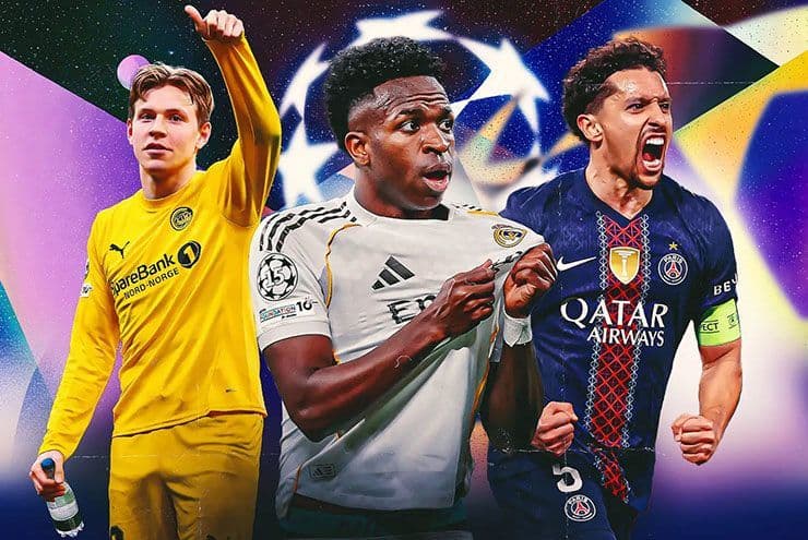 Hình ảnh tổng hợp các cầu thủ từ các câu lạc bộ lớn như Real Madrid, PSG và Bodø/Glimt, thể hiện sự đa dạng và kỳ vọng chiến lược trong giải đấu.