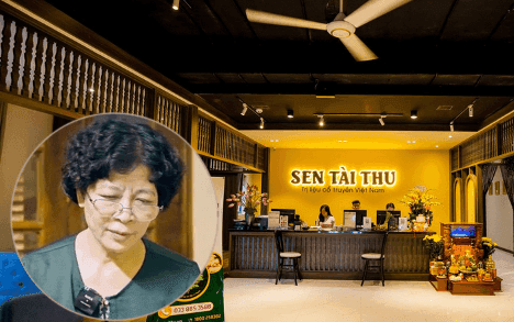 Hình ảnh tổng hợp cựu Chủ tịch Sen Tài Thu Phạm Thị Hòa và quầy lễ tân của Tập đoàn, biểu tượng cho vụ lừa đảo hơn 1.726 tỷ đồng