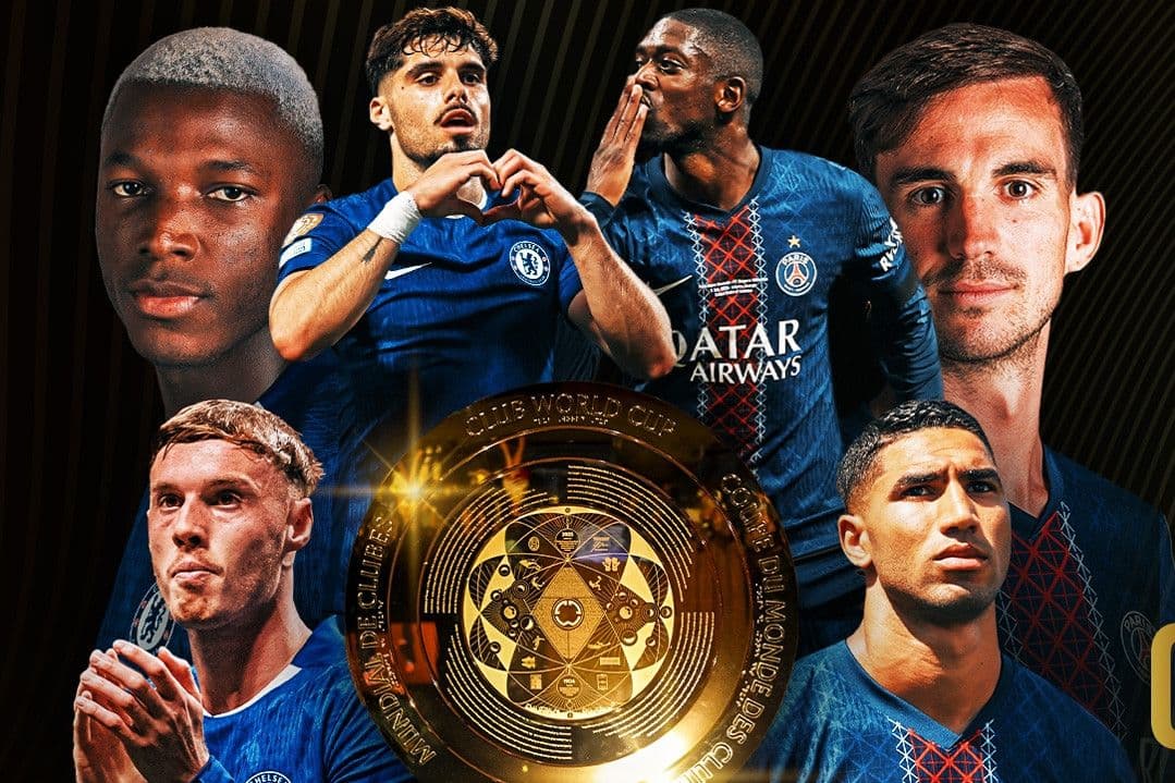 Hình ảnh tổng hợp cầu thủ Chelsea và PSG cùng cúp FIFA Club World Cup, biểu tượng cho trận chung kết đỉnh cao.