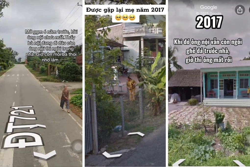 Hình ảnh tổng hợp từ Google Maps Street View cho thấy khoảnh khắc người dùng 'xuyên không' về thăm nhà cũ và gặp lại người thân đã mất.