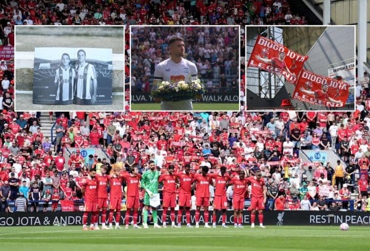 Hình ảnh tổng hợp về buổi lễ tưởng niệm Diogo Jota và em trai tại sân Deepdale, với các cầu thủ Liverpool và biểu ngữ của người hâm mộ.