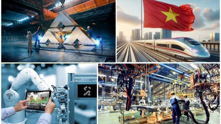 Hình ảnh tổng hợp về công nghệ, robot, cơ sở hạ tầng hiện đại và lá cờ Việt Nam, tượng trưng cho chiến lược phát triển kinh tế dựa trên đổi mới sáng tạo và hành động.