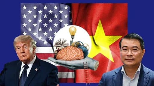 Hình ảnh tổng thống Trump và một quan chức Việt Nam trên nền cờ hai nước, tượng trưng cho mối quan hệ thương mại Mỹ-Việt và những cân nhắc chiến lược.