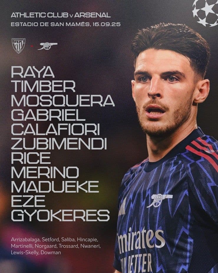 Hình ảnh trận đấu Athletic Bilbao vs Arsenal với danh sách đội hình dự kiến, nổi bật là cầu thủ Arsenal Declan Rice và các tân binh Gyokeres, Eze.