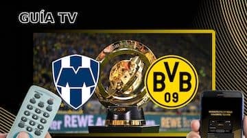 Hình ảnh TV và điện thoại với logo Dortmund và Monterrey, minh họa cho việc theo dõi và dự đoán kết quả trận đấu.