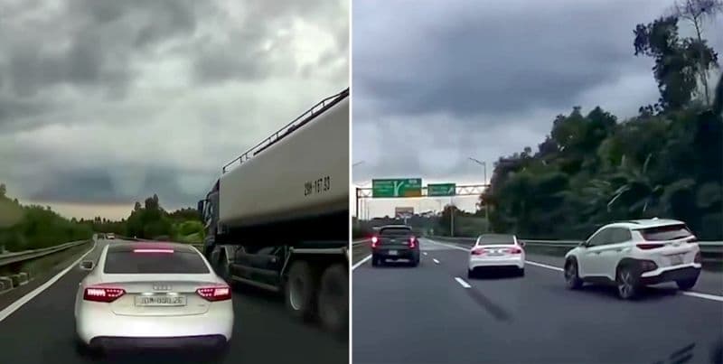 Hình ảnh xe Audi của Bình Gold lạng lách trên cao tốc Nội Bài – Lào Cai.