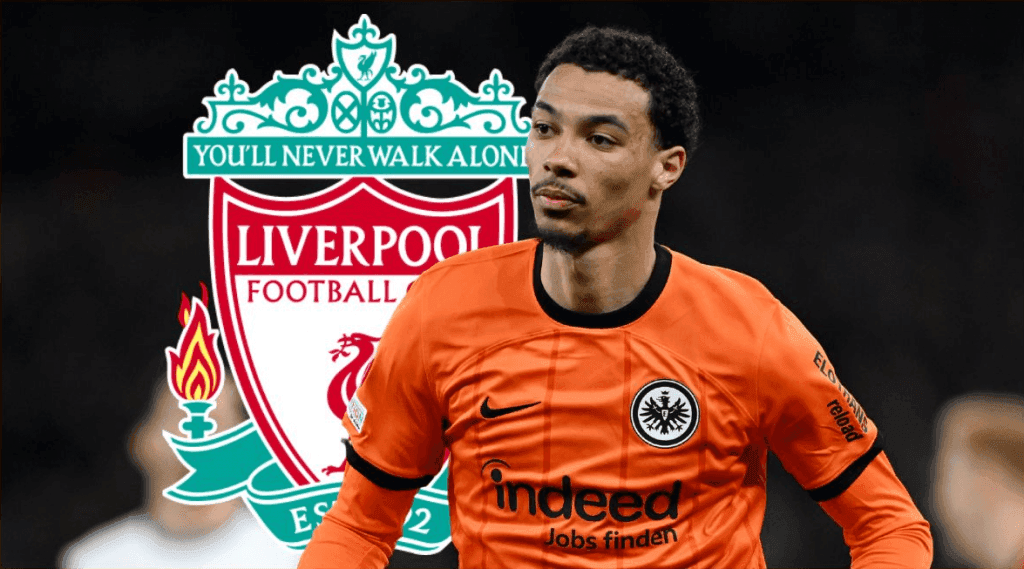 Hugo Ekitike trong màu áo Frankfurt với logo Liverpool, biểu tượng cho bản hợp đồng chuyển nhượng kỷ lục.